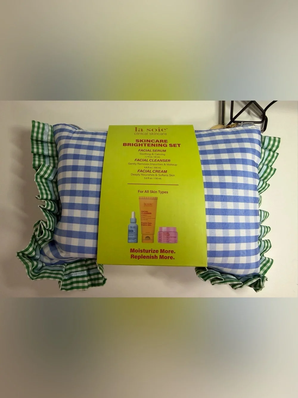Skincare Brightening Set - Blue & White Gingham Pouch